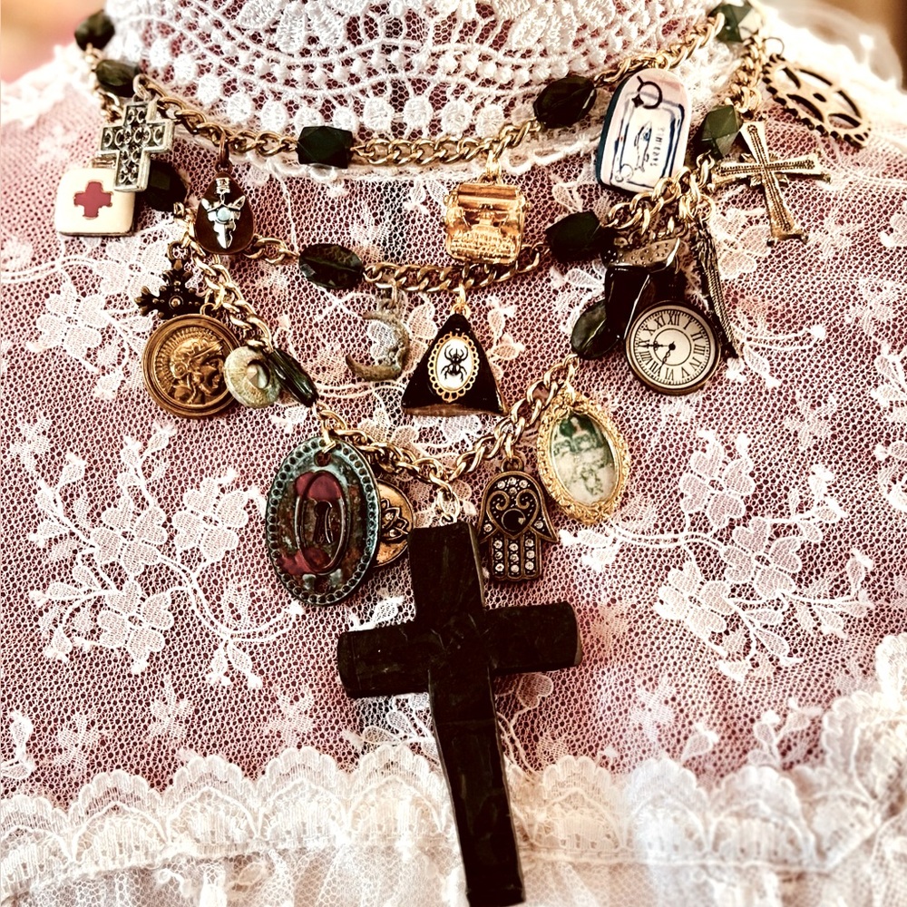Handmade Vintage Charm Necklace Black Gold Assemblage Gothic Baroque Antique
